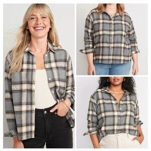 Old Navy XXL The Boyfriend Shirt Flannel Plaid Shacket Button Down Gray Relaxed